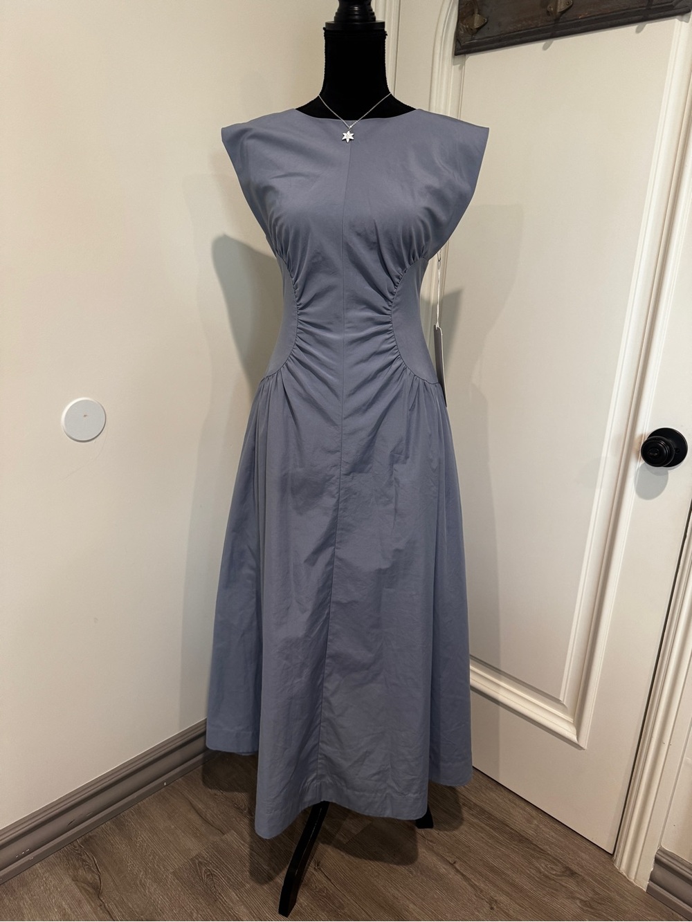 Structured Waist Midi Dress in Dusty Blue